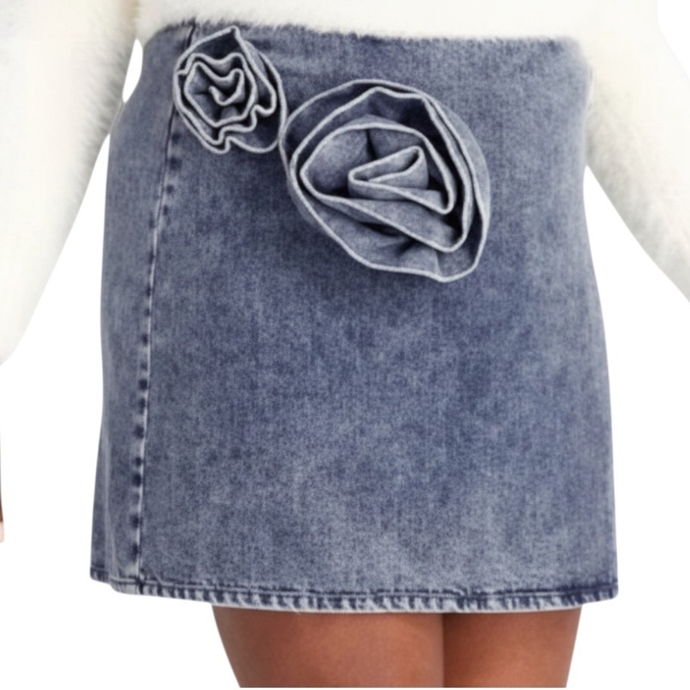 FUTURE COLLECTIVE Acid Washed Denim Mini Skirt CORSAGE FLOWER ROSETTES sz XXL